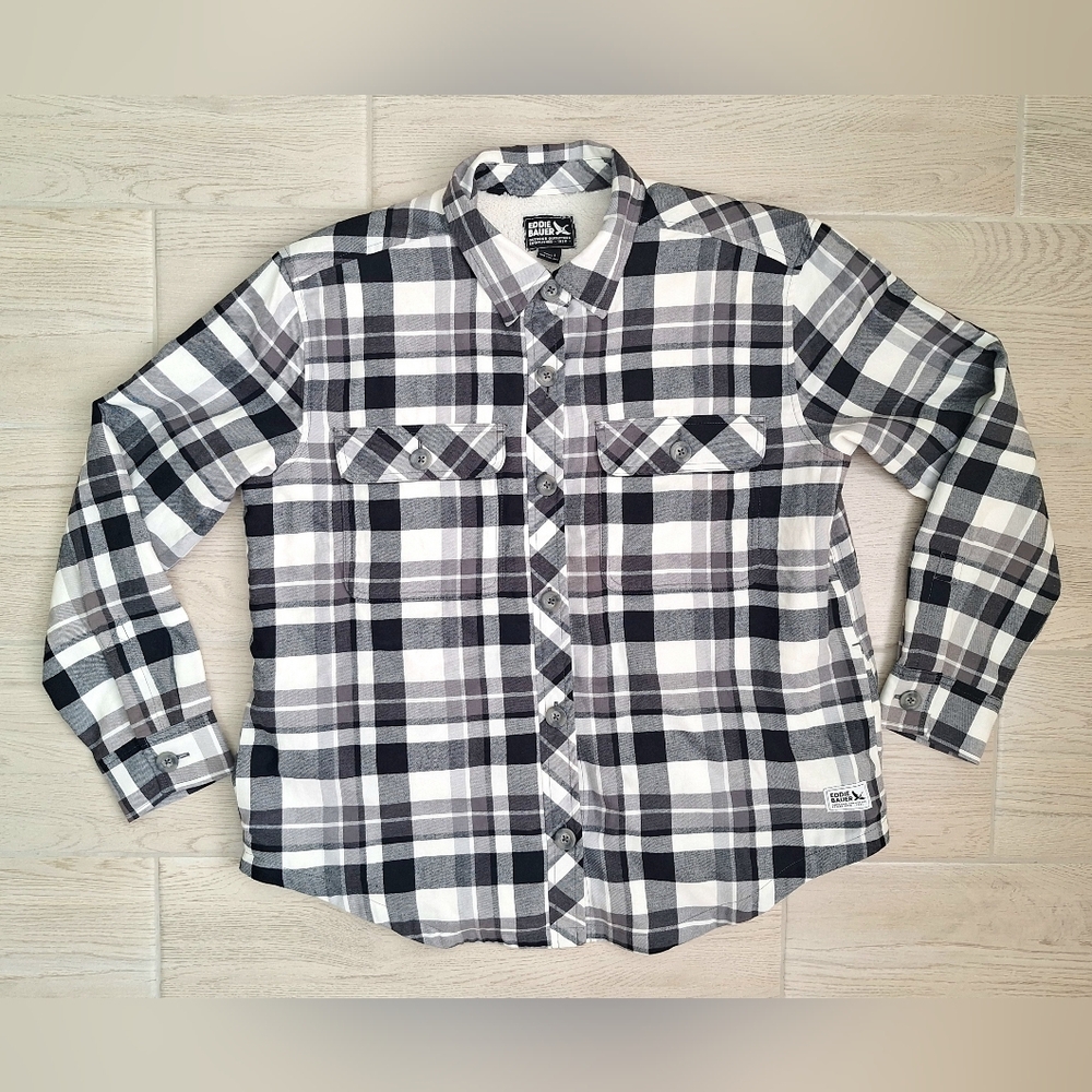 Eddie Bauer Women's Black White Plaid Flannel Faux Sherpa Shirt Jacket - Large